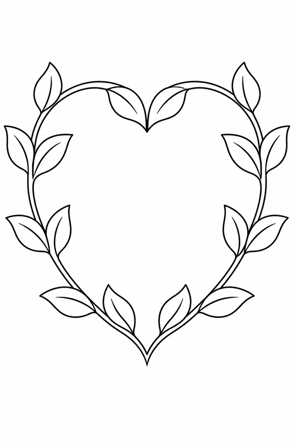 Two leafy vines curve into a heart shape around an open center, with a simple vein in each broad leaf.