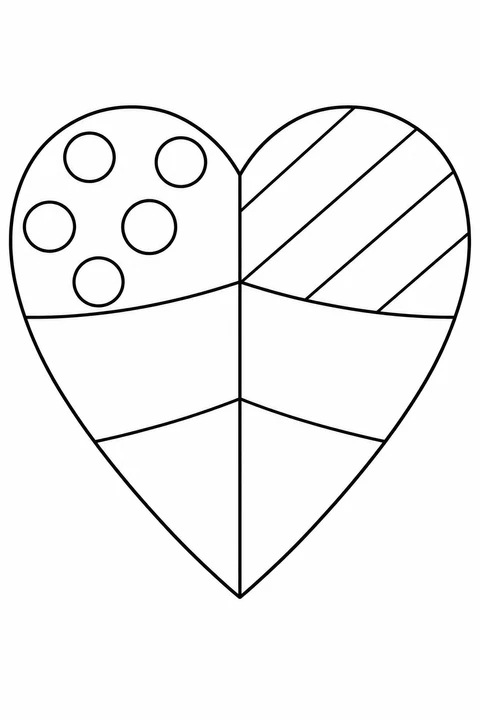 A large heart has broad patchwork sections, with outlined circles on one side and diagonal stripes on the other.