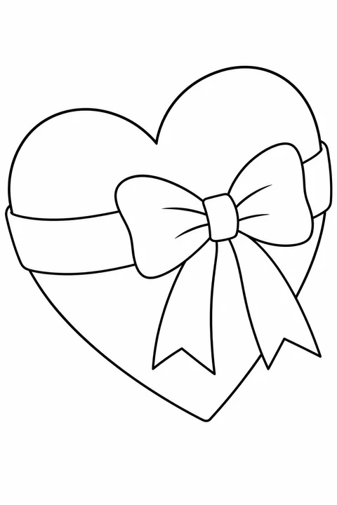 A wide ribbon crosses a large tilted heart, with a two-loop bow and two hanging tails in front.
