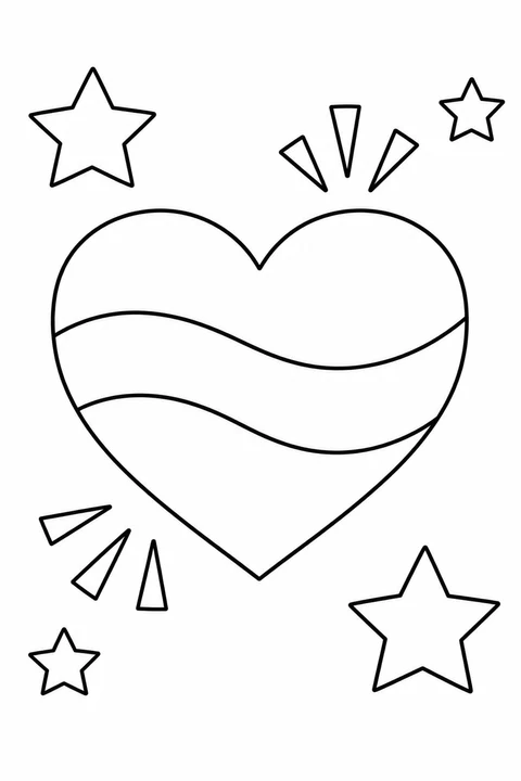 A large heart with a wavy band is surrounded by four stars and two groups of short rays.
