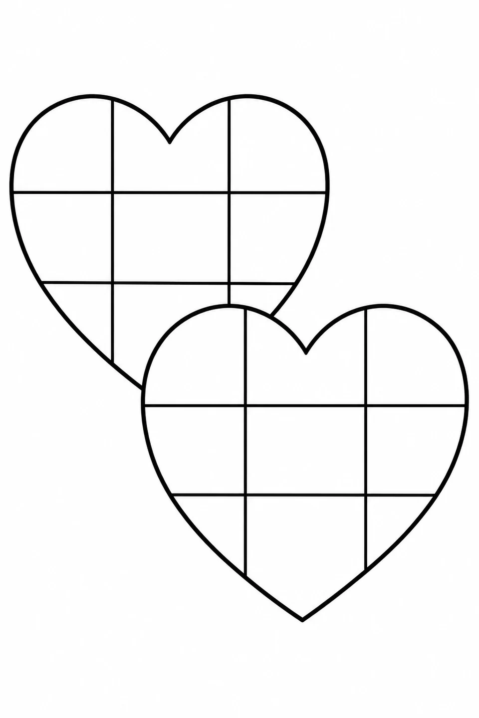 Two hearts overlap diagonally, each divided by a simple grid into large checker panels.