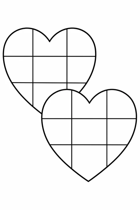 Two hearts overlap diagonally, each divided by a simple grid into large checker panels.