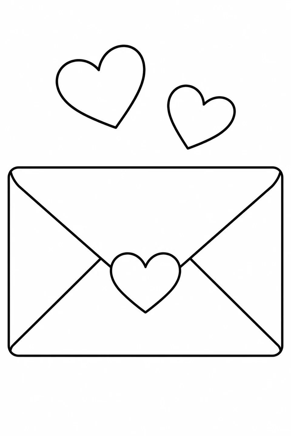 A blank closed envelope has a heart-shaped seal on its flap and two floating hearts above it.