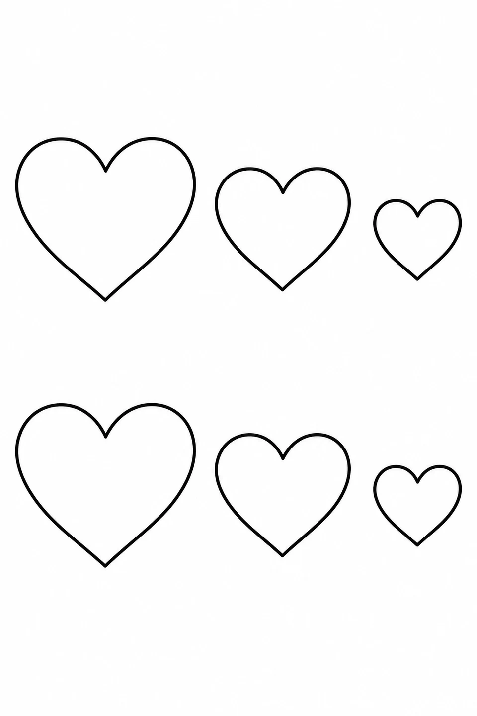 Six plain hearts sit in two rows, with large, medium and small shapes in each row.