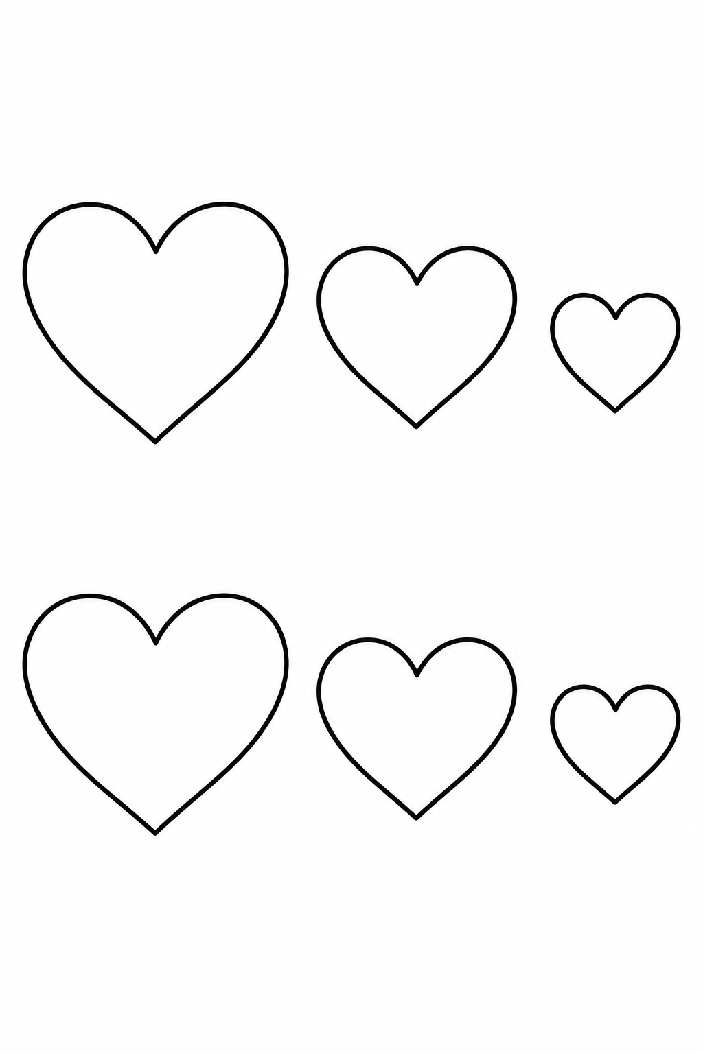 Six plain hearts sit in two rows, with large, medium and small shapes in each row.