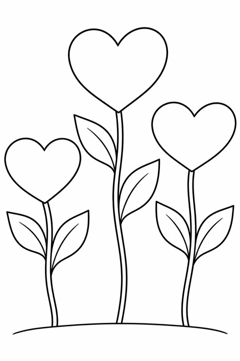 Three imaginary flowers have heart-shaped heads on stems of different heights, with two broad leaves on each stem.