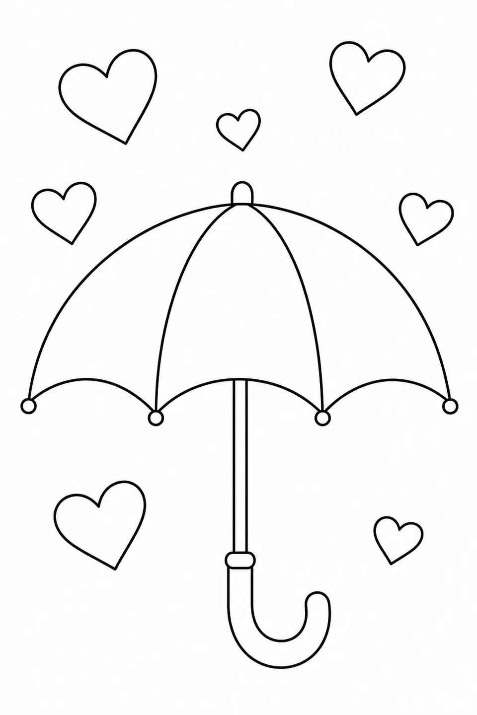 An open umbrella with three canopy panels and a curved handle sits among seven heart-shaped raindrops in an imaginary scene.