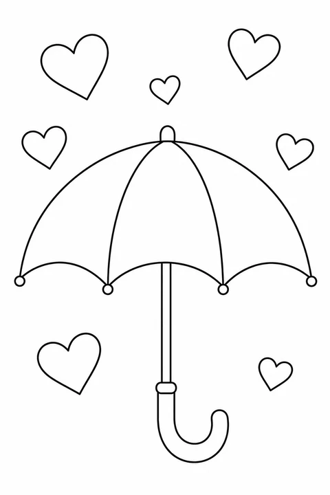 An open umbrella with three canopy panels and a curved handle sits among seven heart-shaped raindrops in an imaginary scene.