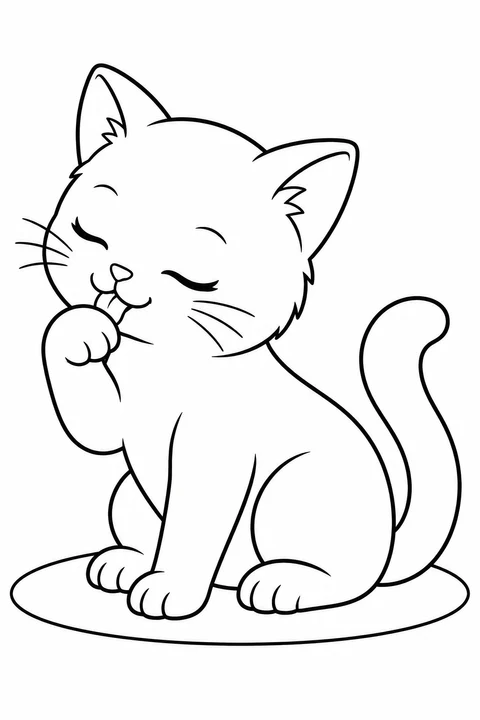 A seated kitten closes its eyes and touches a raised front paw with its tongue. Its other front paw rests on an oval mat, and its tail curves up beside its body.