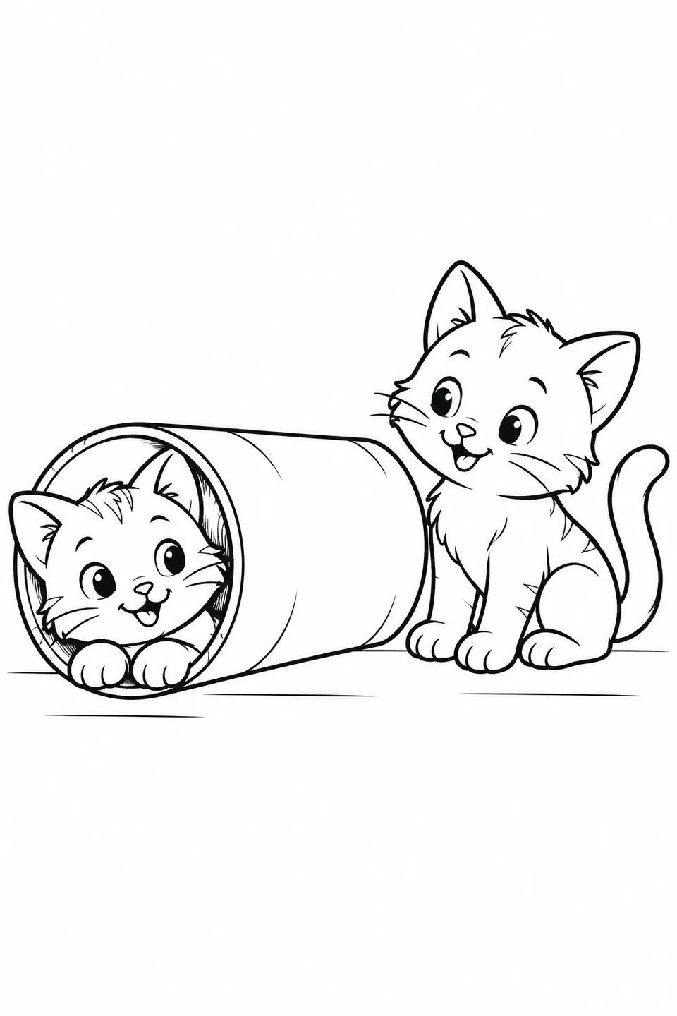 One kitten peeks out of a wide paper tube with its front paws on the rim. Another sits beside the tube, with its tail curved upward.
