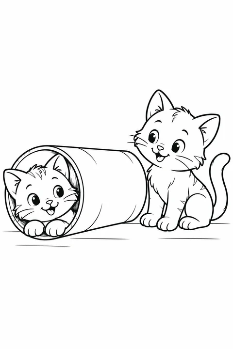 One kitten peeks out of a wide paper tube with its front paws on the rim. Another sits beside the tube, with its tail curved upward.