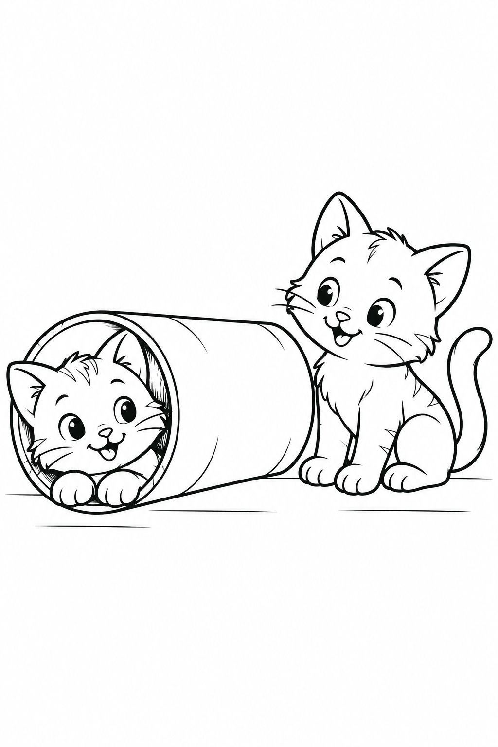 One kitten peeks out of a wide paper tube with its front paws on the rim. Another sits beside the tube, with its tail curved upward.