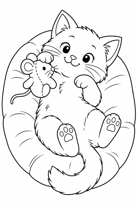 A kitten lies on its back on an oval cushion, touching a stitched mouse toy with one front paw. Its raised back paws show large paw pads, and its tail curves along the cushion.