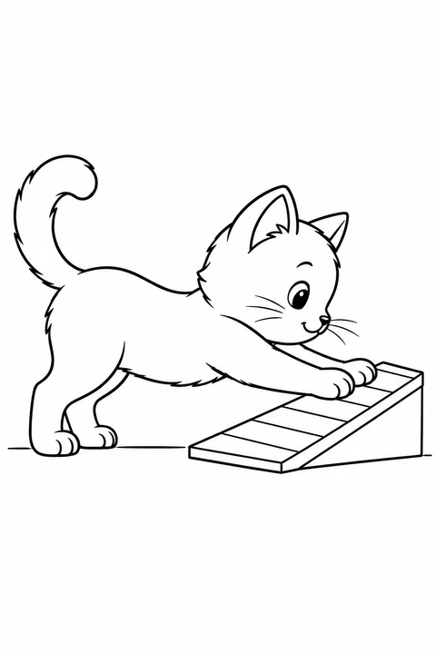 A kitten stretches forward with both front paws on a low sloping scratching board. Its back feet stay on the ground, and its tail curves upward.