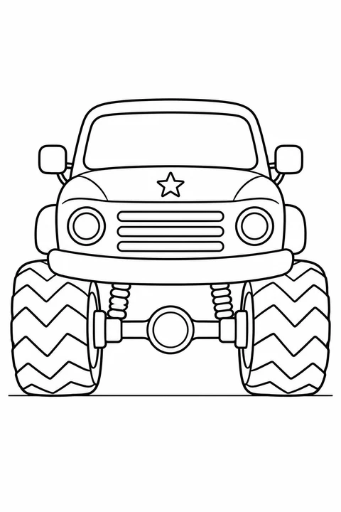 Front view of a monster truck with a hood star, two round headlights, three grille bars and zigzag tires.