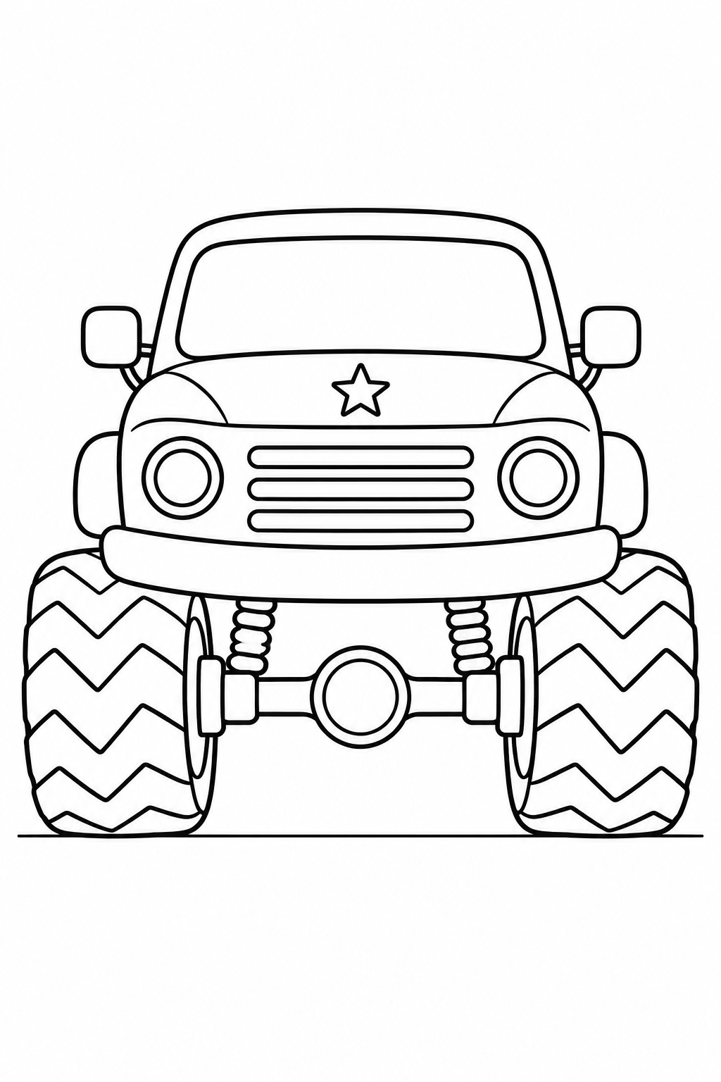 Front view of a monster truck with a hood star, two round headlights, three grille bars and zigzag tires.