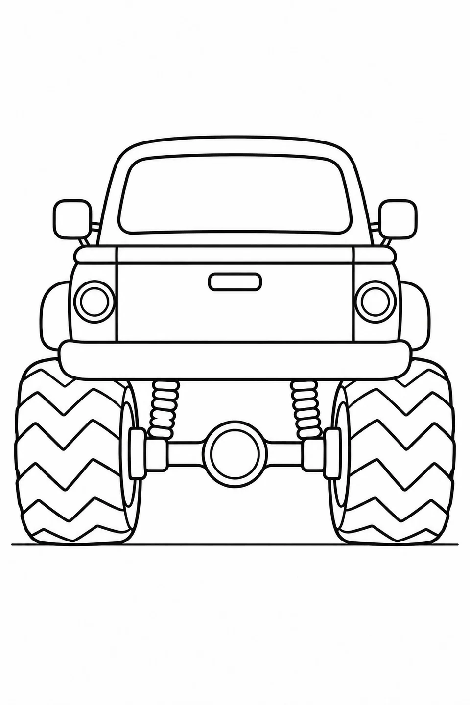 Rear view of a monster pickup with a plain tailgate, small handle, round lights and large zigzag tires.
