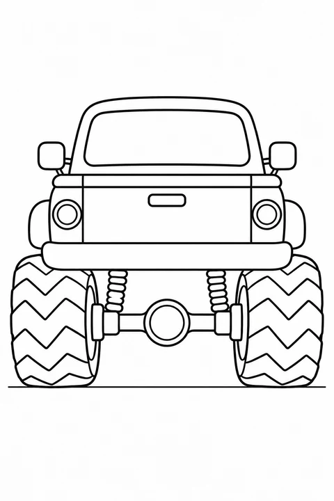 Rear view of a monster pickup with a plain tailgate, small handle, round lights and large zigzag tires.