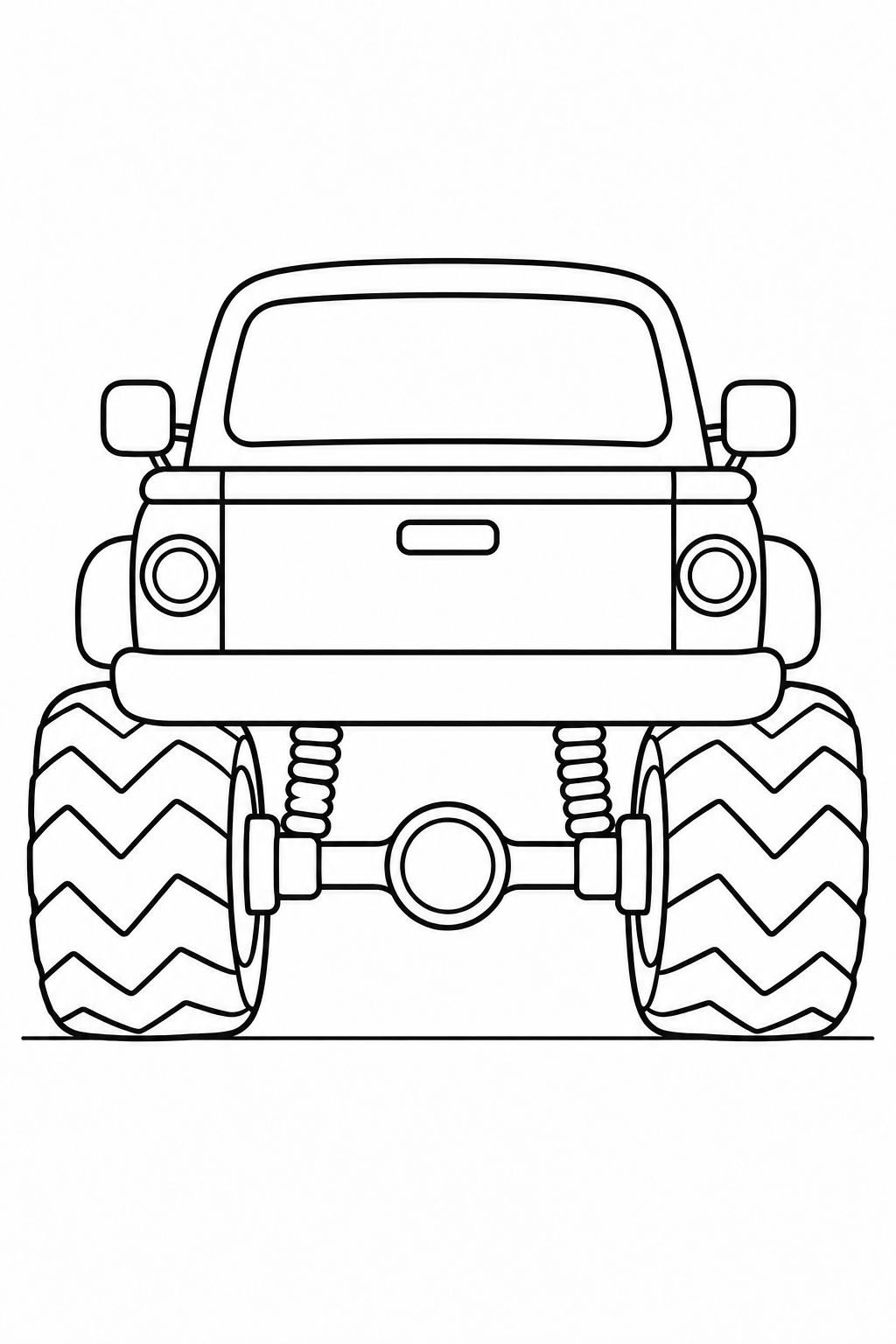 Rear view of a monster pickup with a plain tailgate, small handle, round lights and large zigzag tires.