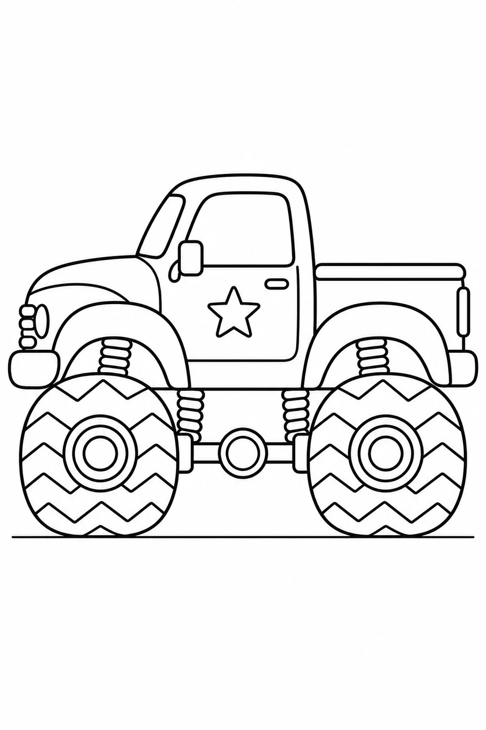 Side view of a monster pickup with a door star, short cargo bed and two large zigzag wheels.