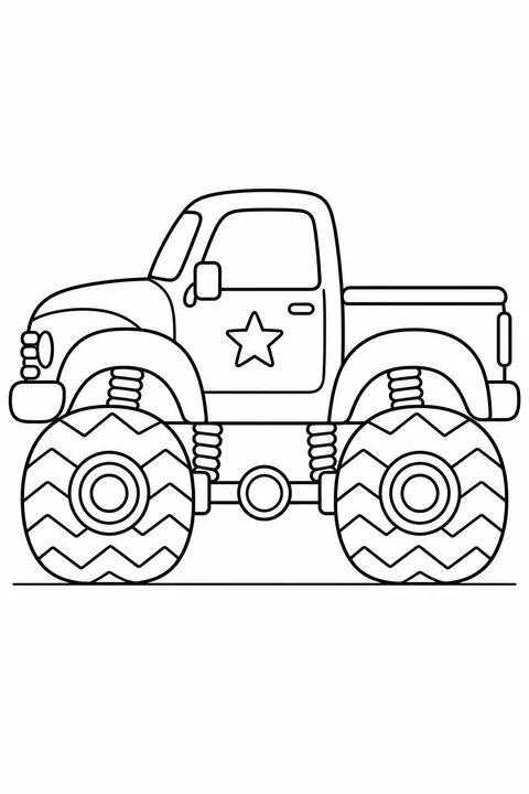 Side view of a monster pickup with a door star, short cargo bed and two large zigzag wheels.