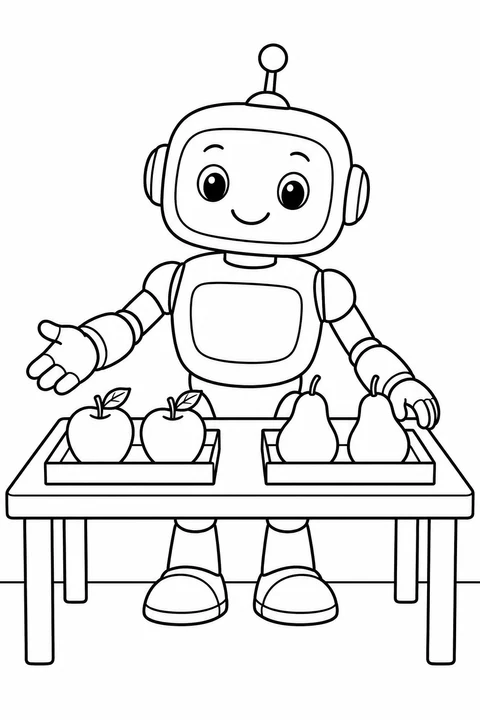 A smiling robot stands behind two shallow trays on a table. One tray holds two apples with leaves, and the other holds two pears.