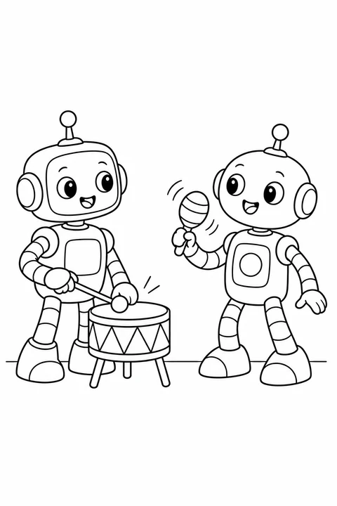 Two smiling robots make music together: one plays a drum and the other holds a shaker.
