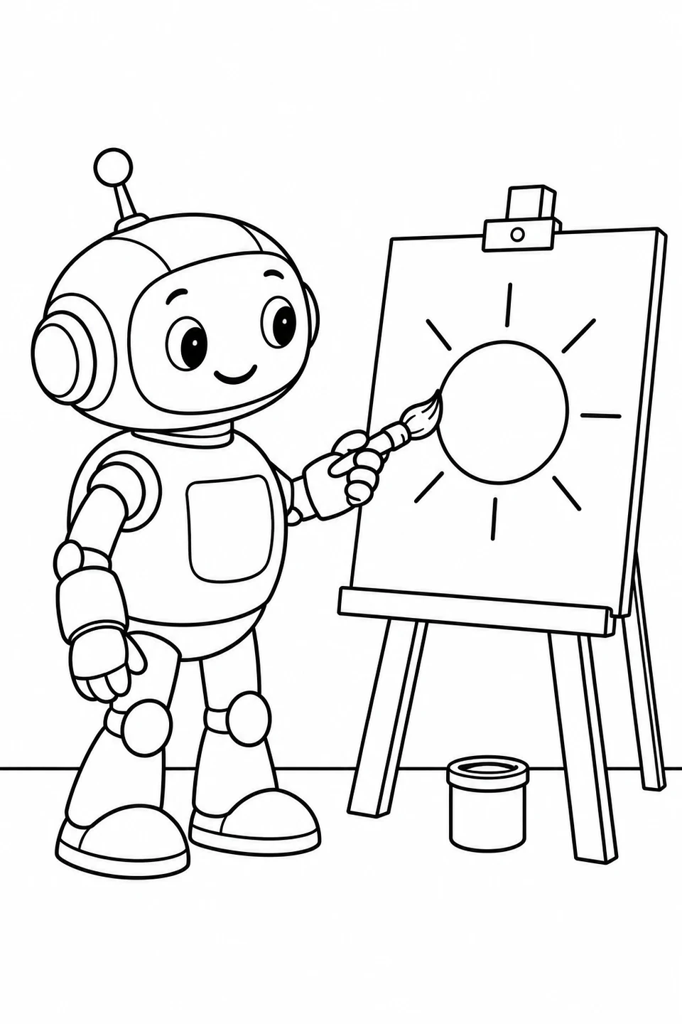 A smiling robot holds a brush against a large sun outline on an easel. Its other hand hangs by its side, and a small paint pot sits below the picture.