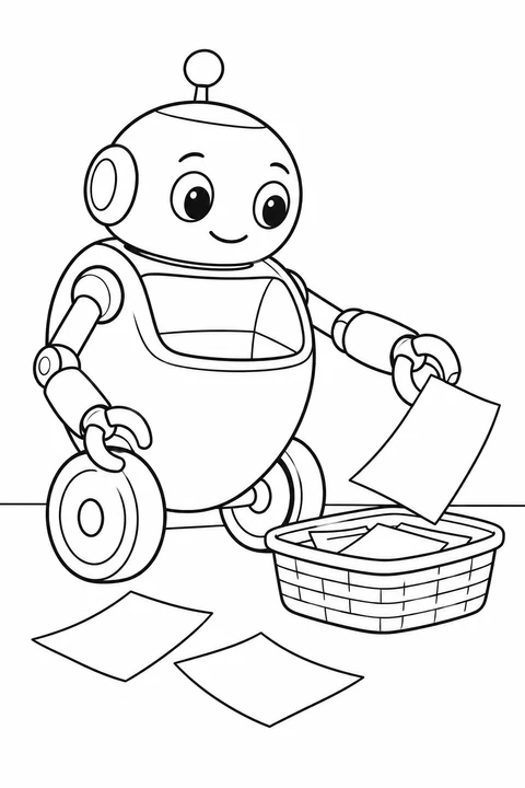 A two-wheeled robot holds a sheet above a woven basket, with two more sheets on the floor.