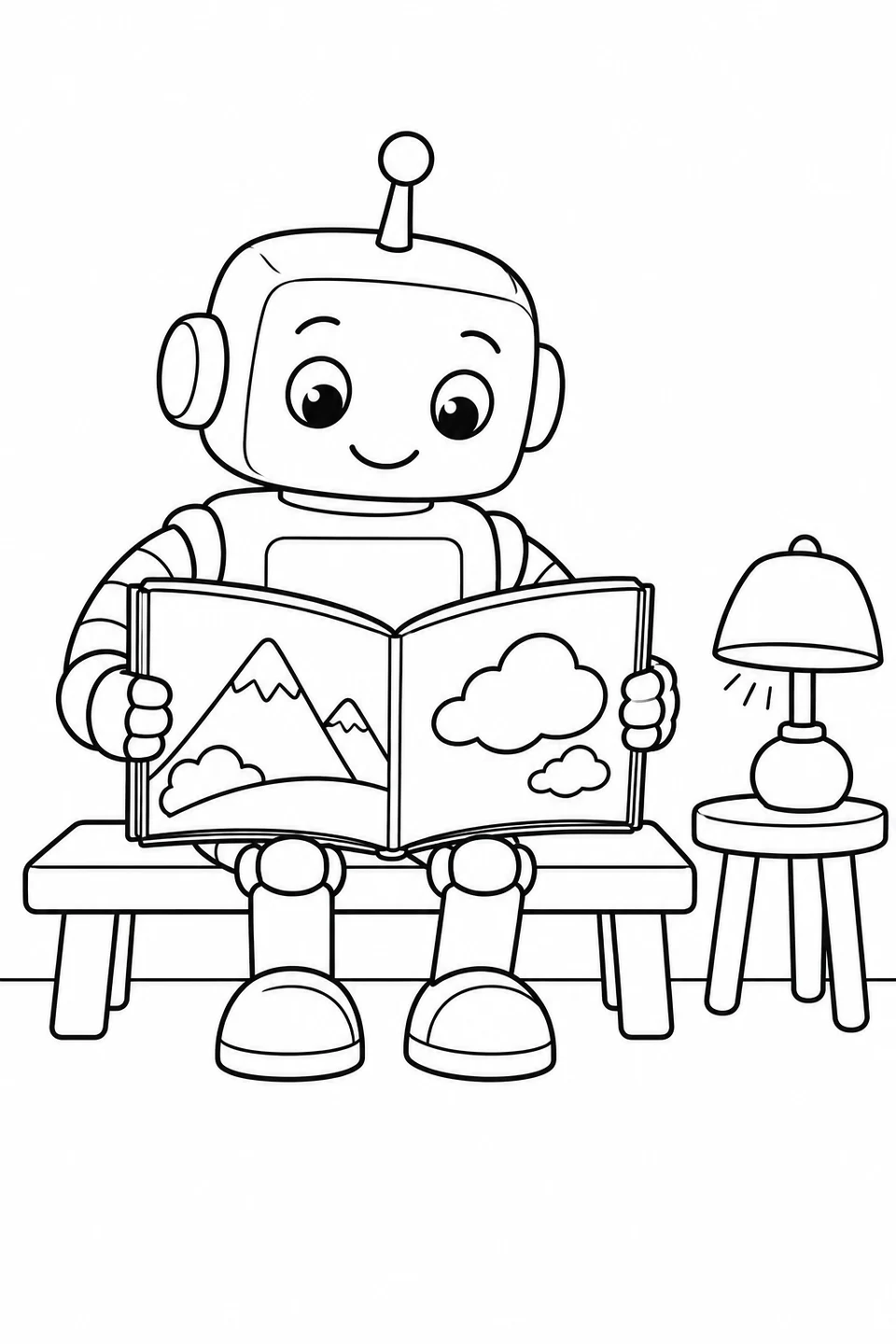 A smiling robot sits on a wide bench, holding an open book with mountain and cloud pictures. A small lamp stands on a stool beside it.