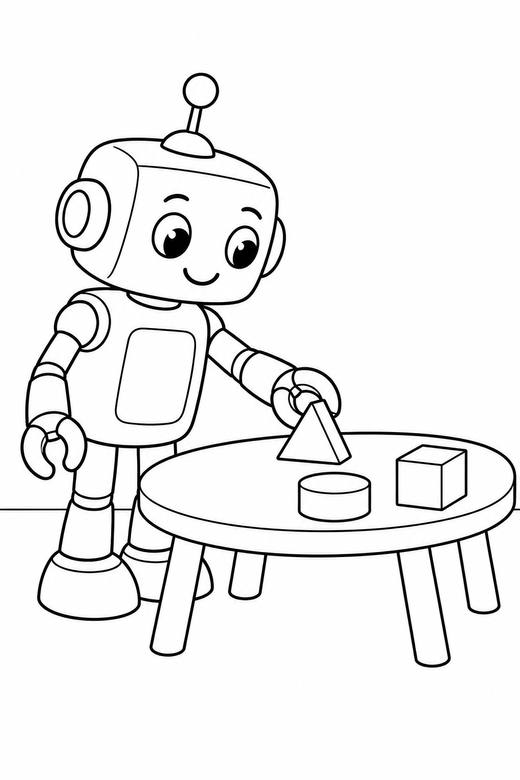 A smiling robot places a triangular block on a table beside a round block and a cube.
