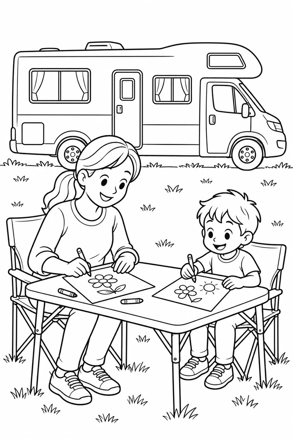 An adult and a child draw flowers and a sun at a folding table. A parked motorhome with a side door and curtained windows stands behind them.