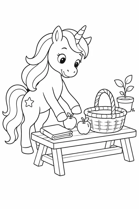 Unicorn at a bench with two apples, a folded cloth, an open basket and a potted plant.