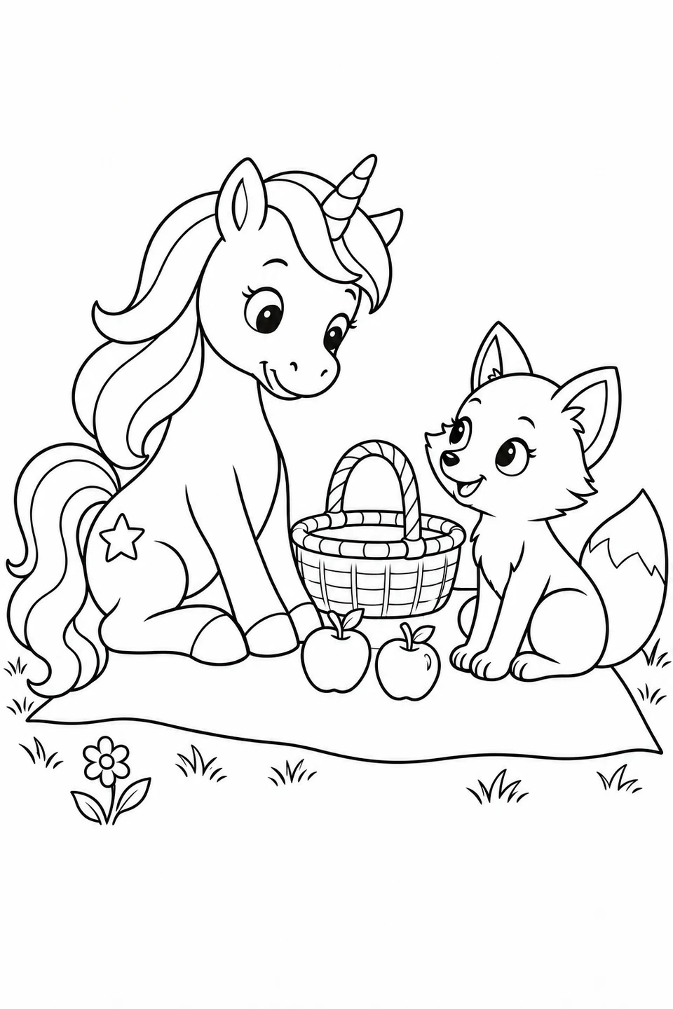 Unicorn and fox seated on a plain cloth beside two apples, an open basket and a flower.