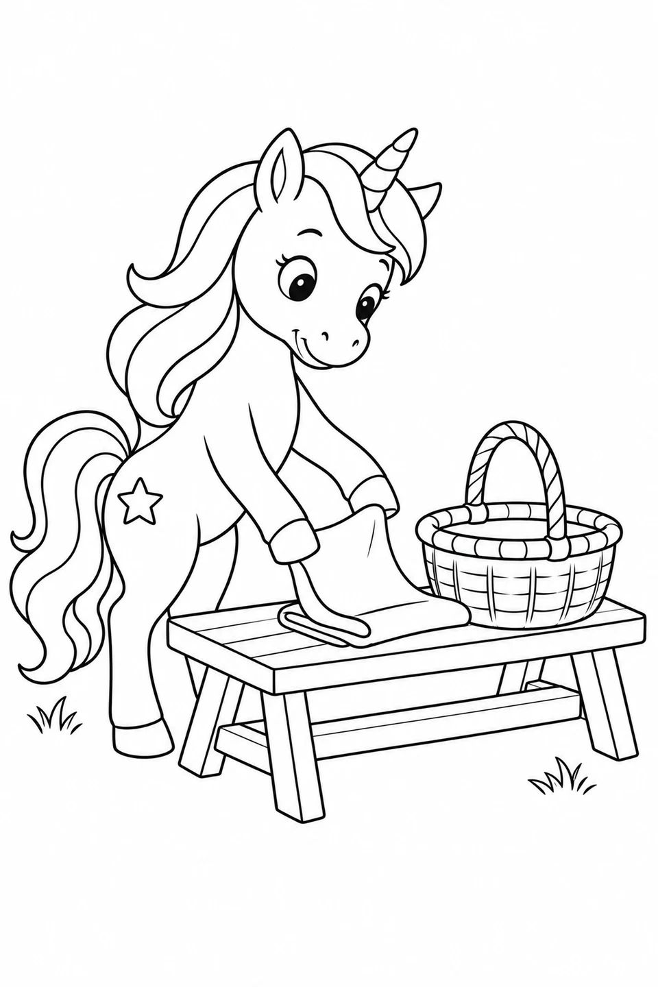Unicorn folding a plain cloth on a bench beside an empty basket, with grass below.