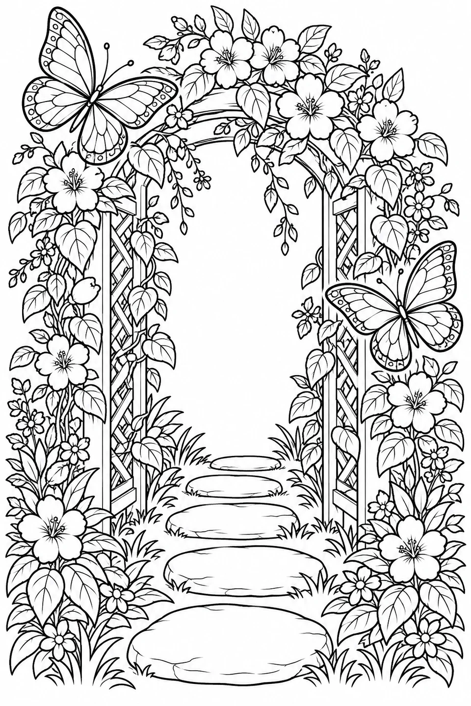 Butterflies flutter around a flower-covered garden arch above stepping stones.