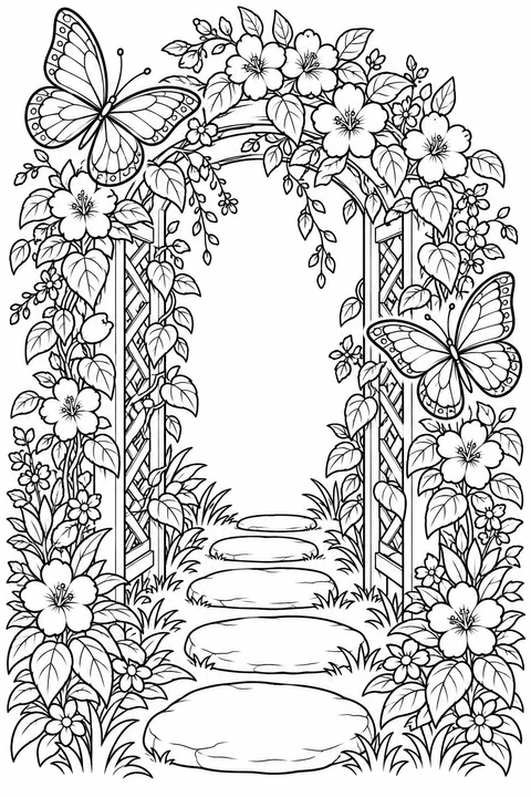 Butterflies flutter around a flower-covered garden arch above stepping stones.