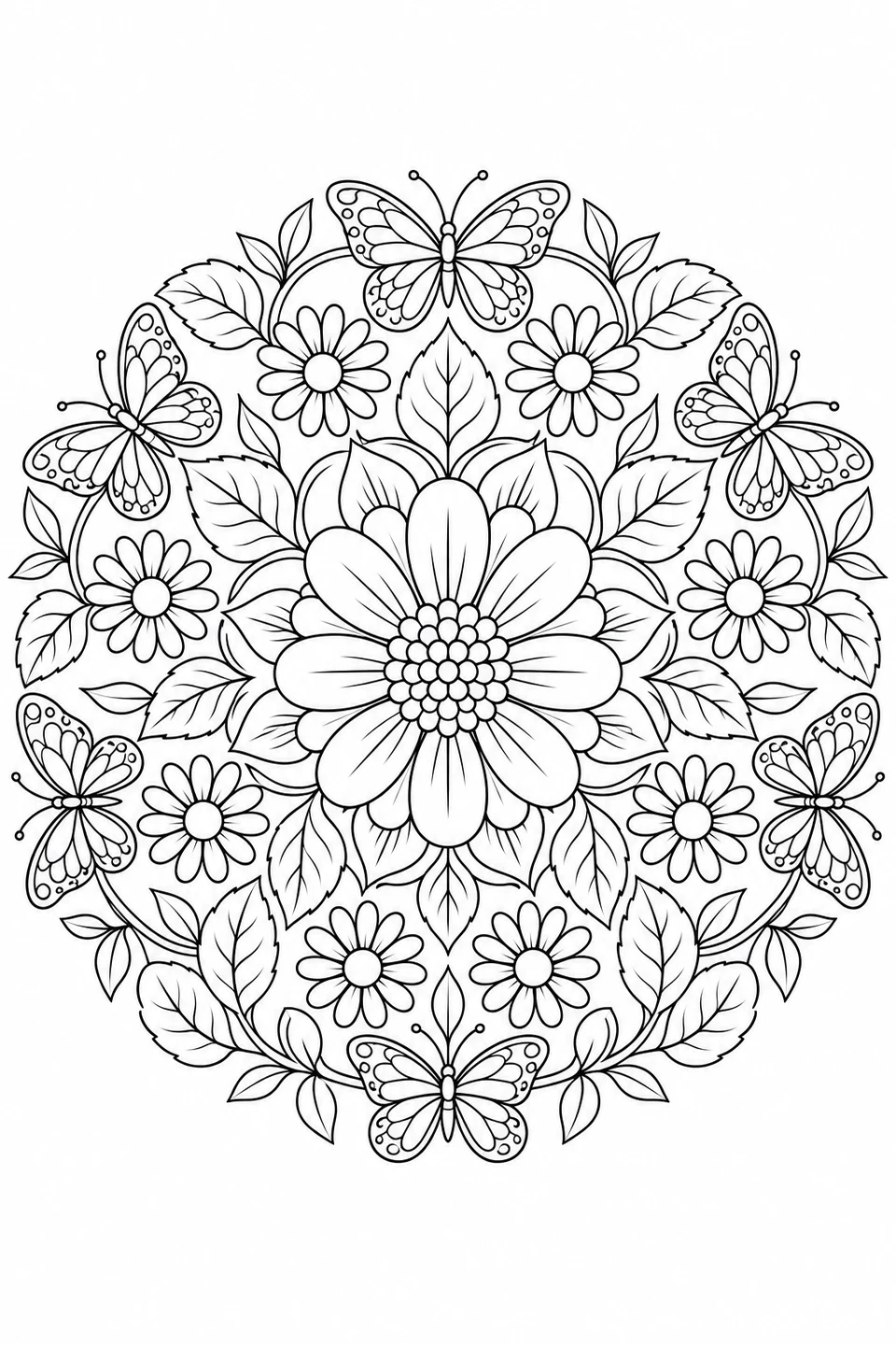 まんなかの大きな花を囲んで、蝶やデイジー、葉っぱが輪になって並んでいます。