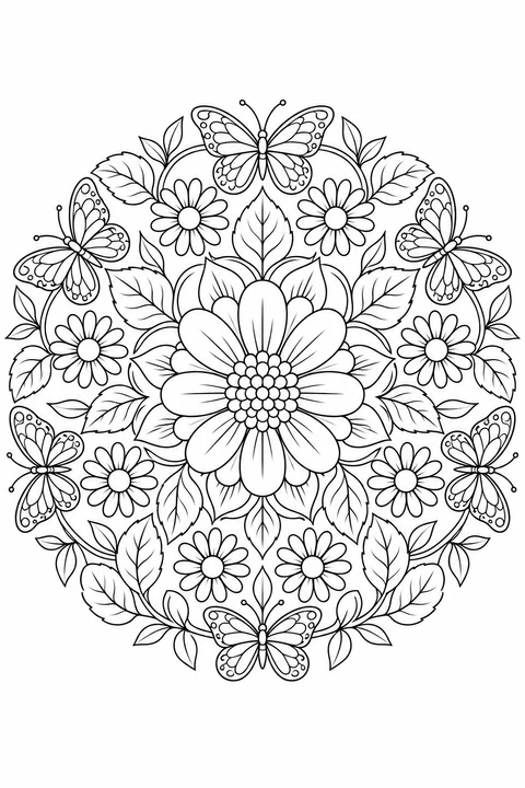 Butterflies, daisies and leaves repeat in rings around a large central flower.