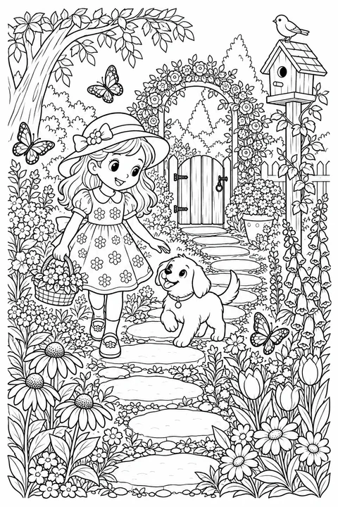A child and puppy walk among flowers, butterflies and a birdhouse.