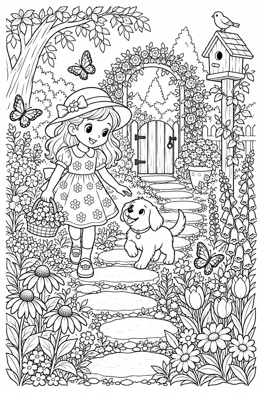 A child and puppy walk among flowers, butterflies and a birdhouse.