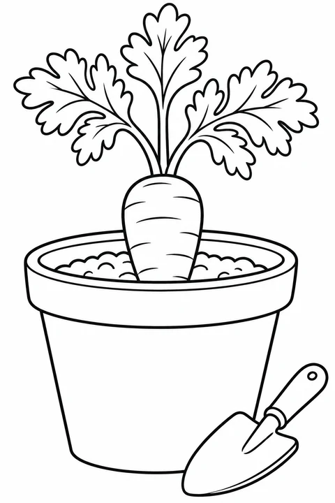 A leafy carrot sits in a flowerpot beside a small trowel.