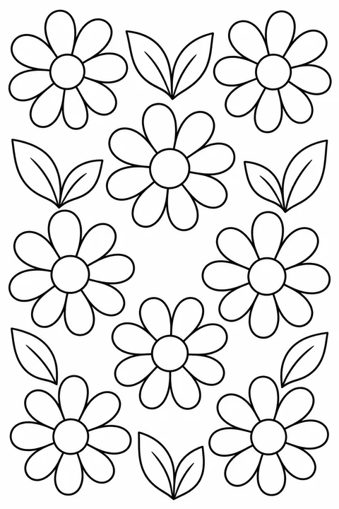 Large daisies and broad leaves form a spacious repeating pattern with simple petals.