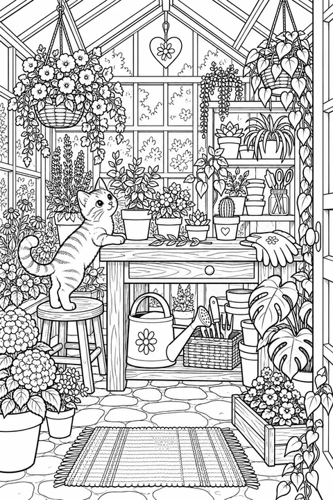 Potted plants surround a wooden workbench and a cat in a cozy greenhouse.