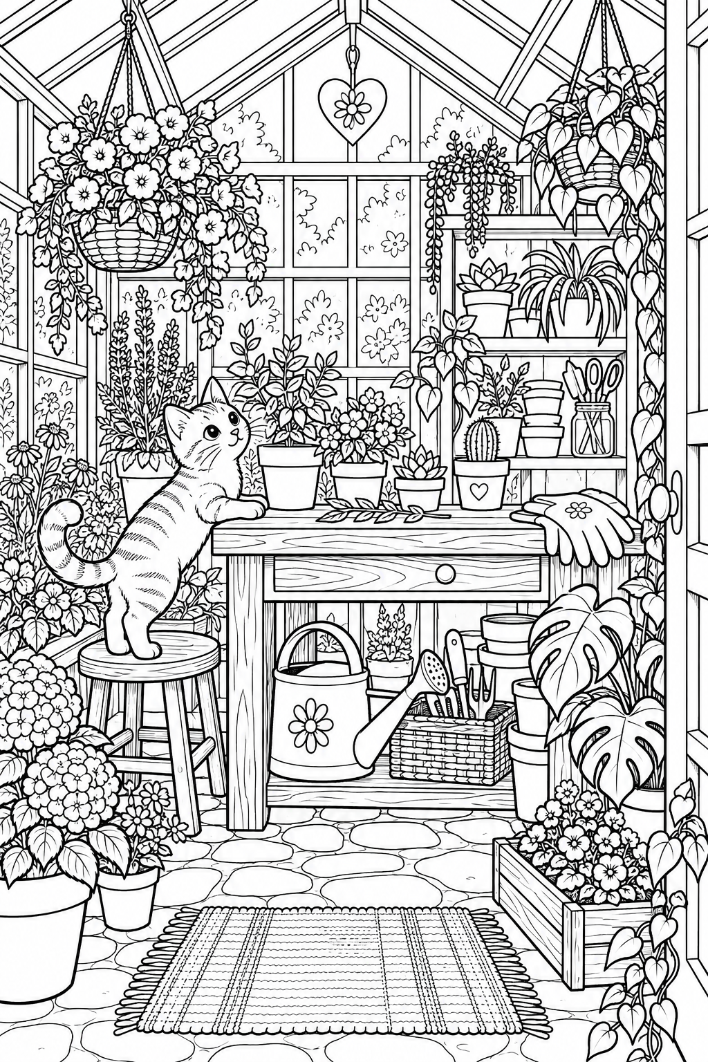 Piante in vaso circondano un banco di legno e un gatto in una serra accogliente.