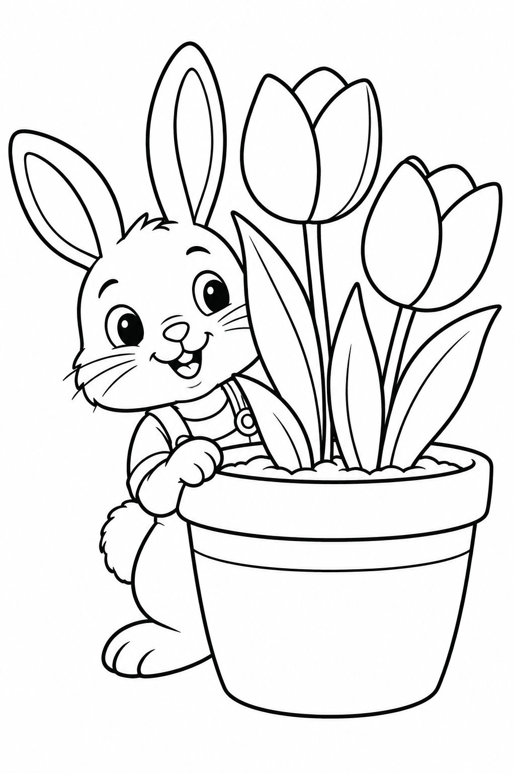 A smiling rabbit peeks around a flowerpot filled with tulips.