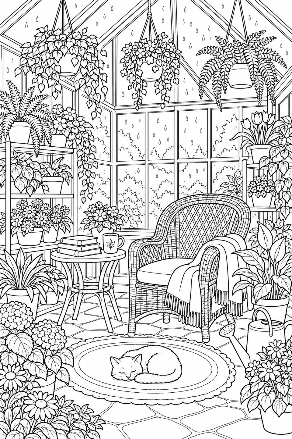 A wicker chair and blanket make a quiet corner among greenhouse plants. A cat sleeps nearby as rain falls outside.