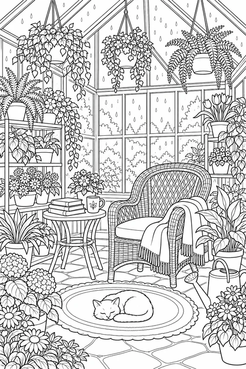 A wicker chair and blanket make a quiet corner among greenhouse plants. A cat sleeps nearby as rain falls outside.