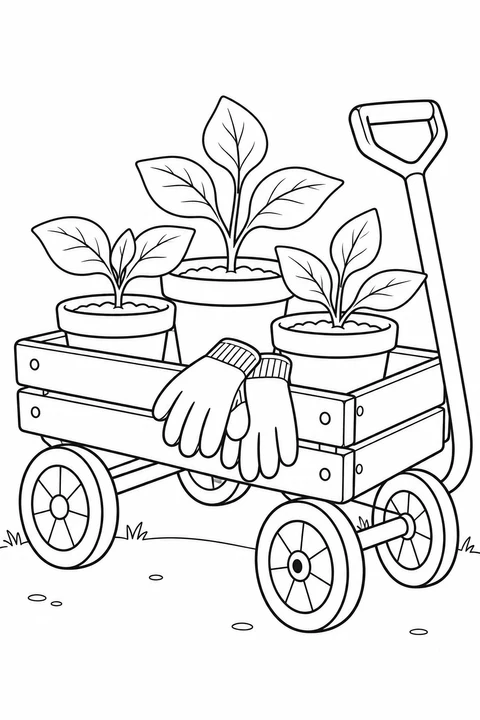 A little garden cart carries pots of seedlings beside gardening gloves.