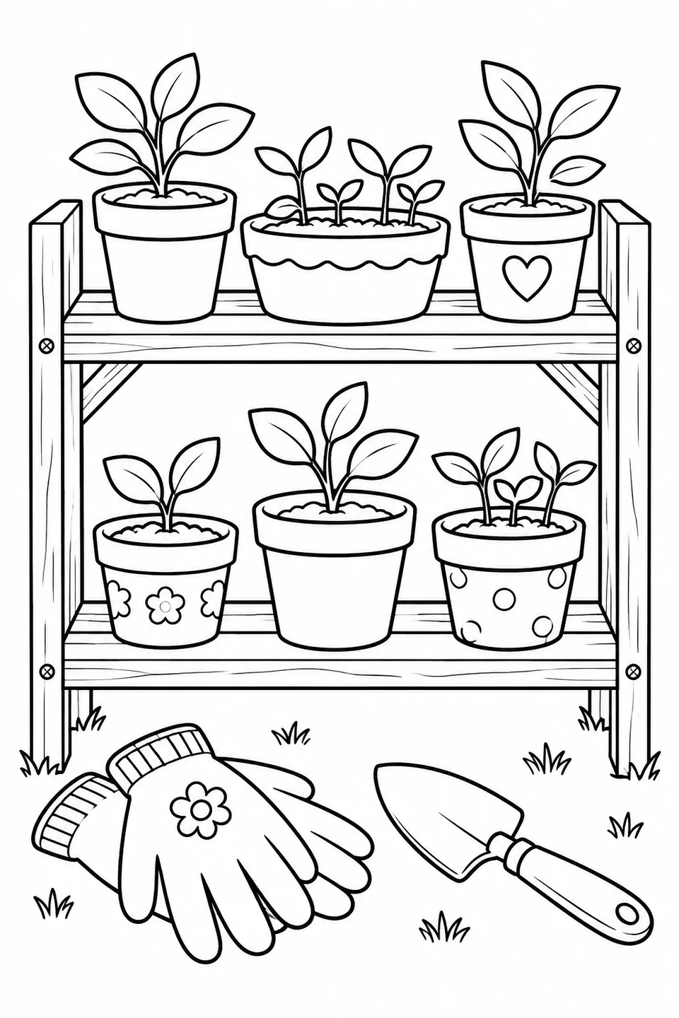 Pots of young plants sit on a wooden shelf above garden gloves and a trowel.